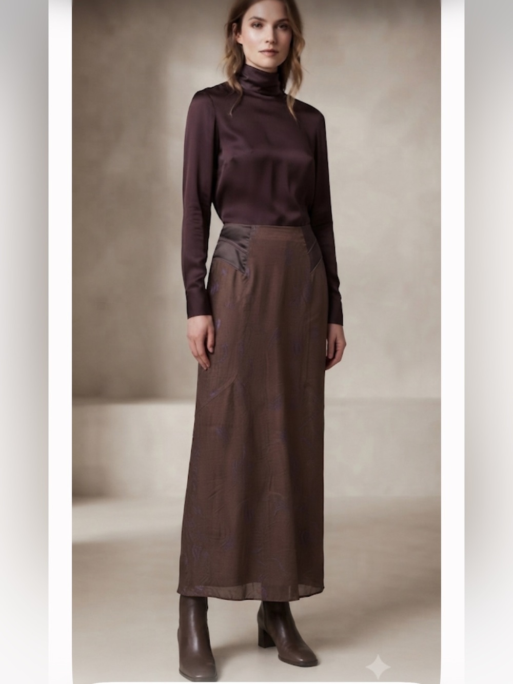 Vintage Helena Sorel Silk blend Brocade Maxi Skirt Brown Purple